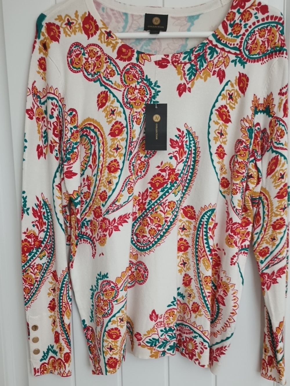 JM Collection White Long-Sleeve Paisley Top with Red, Teal & Gold Accents